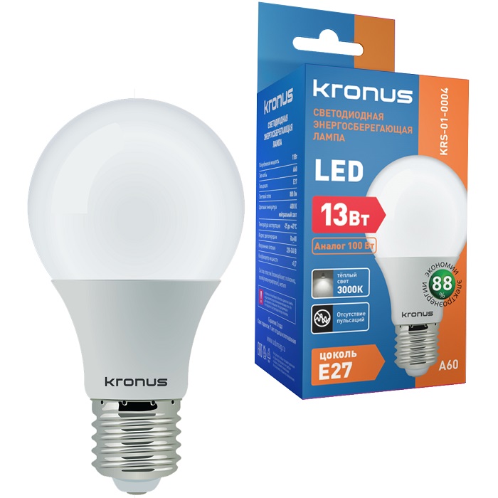 Лампа светодиодная KRONUS A60 13W/3000K/E27 тёплый свет (10/100)
