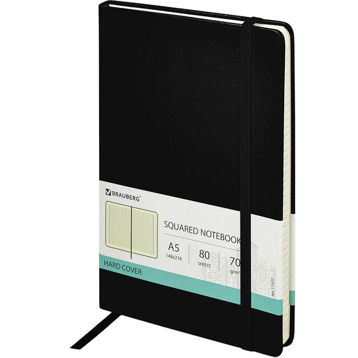 Блокнот А5 148x218мм, BRAUBERG Metropolis Special, под кожу, 80л, резинка, клетка, черный, 111577