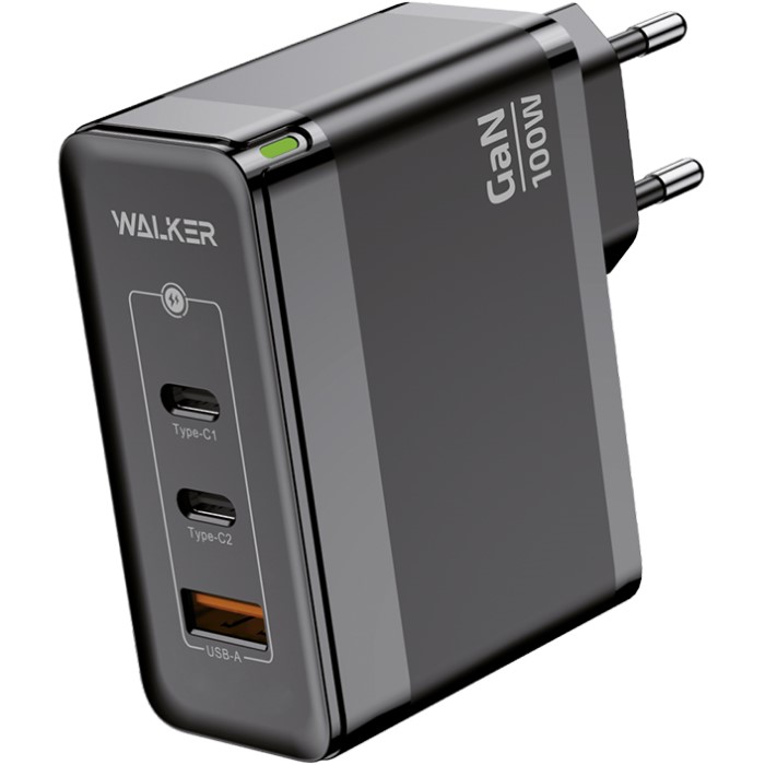 Сетевое ЗУ 1USB/2Type-C WALKER WH-47 GaN, черное, 100Вт, QC 3.0+PD