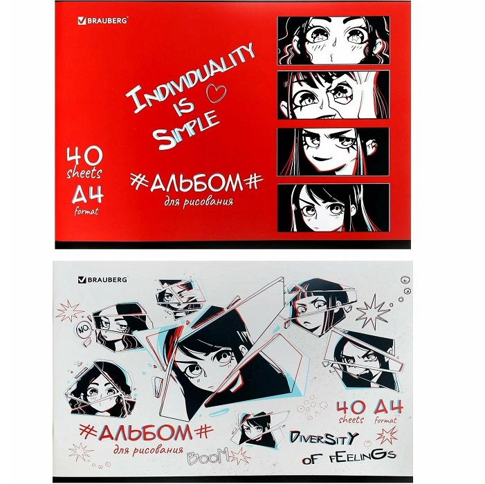 Альбом для рисования А4, 40 листов, скоба, обложка картон, BRAUBERG, 203х288мм, Аниме, (2 вида), 106703