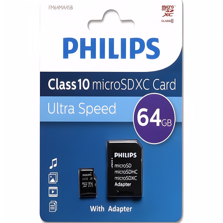 Micro SD 64Gb PHILIPS Class 10 + адаптер SD