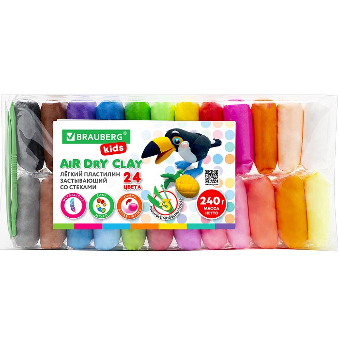 Пластилин BRAUBERG KIDS супер лёгкий застывающий 24 цв, 3 стека