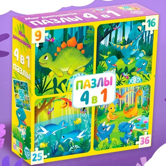 Пазл 4 в 1 «Мир динозавров», 86 деталей 4613173
