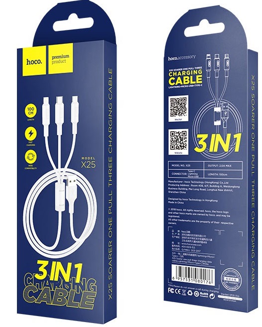 Кабель USB <--> Lightning/Type-C/microUSB  1.0м HOCO X25 Soarer белый