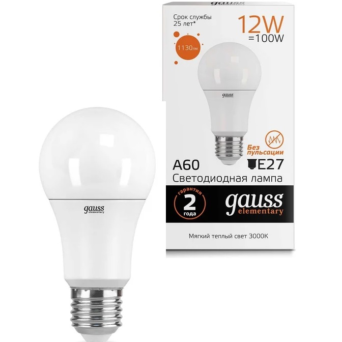Лампа Gauss LED A60 12W 12W/3000K/E27 груша, теплый белый