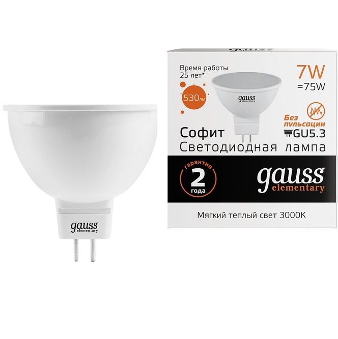 Лампа Gauss LED Elementary MR16 7W/3000K/GU5.3 (теплый свет)