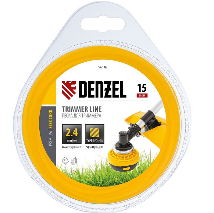 Леска для триммера квадрат 2,4 мм х 15 м,  блистер FLEX CORD// Denzel 96116