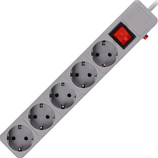 Сетевой фильтр SMARTBUY SBSP-5-30-G, серый, 16А, 3500 Вт, 5 гнезд, с з/ш, земля, ПВС 3x1.0 мм²