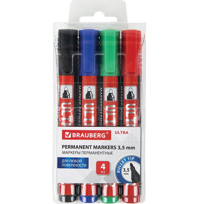 Маркеры перманентные BRAUBERG ULTRA MARKER, НАБОР 4 ЦВЕТА 152208