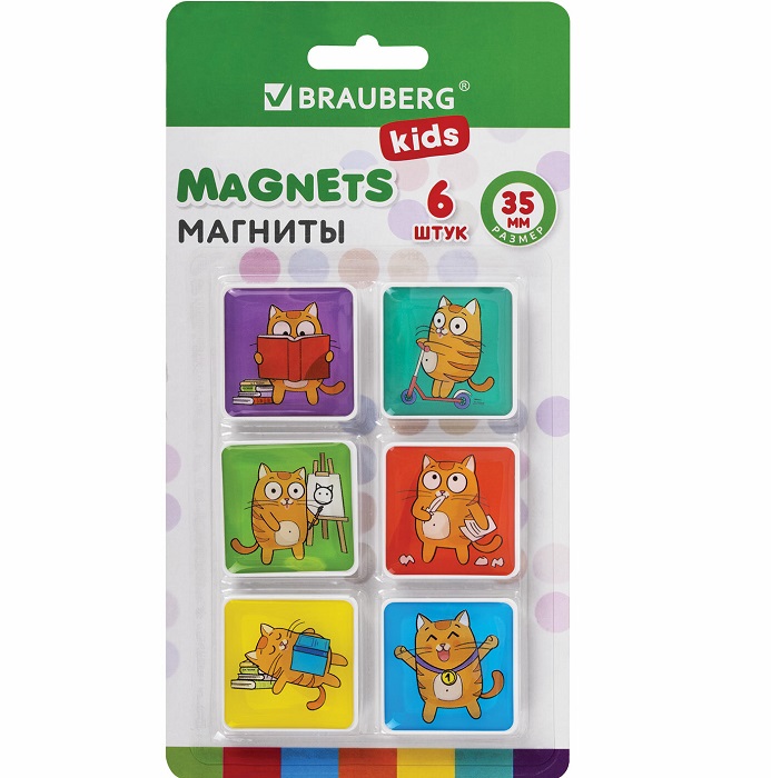 Магниты BRAUBERG KIDS КОТ-ЭНТУЗИАСТ стеклянные 35 мм, НАБОР 6 шт 272514
