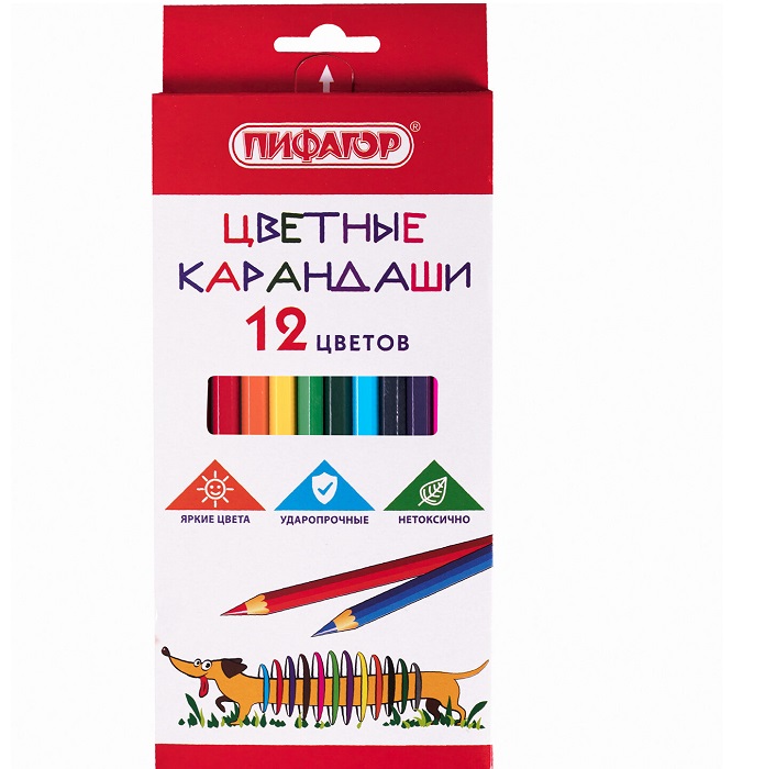 Карандаши цветные ПИФАГОР "Веселая такса", 12 цветов, шестигранные, натуральное дерево, 181806