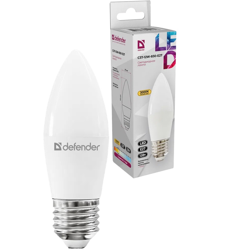 Лампа светодиодная DEFENDER C37 12W/830/E27 свеча, теплый белый