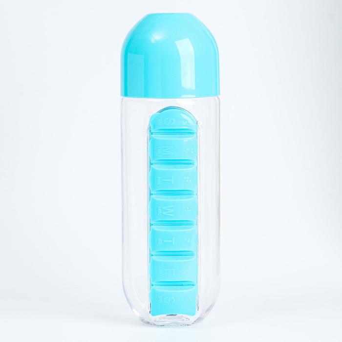 Бутылка для воды 700 мл, с таблетницей, голубой   7403315