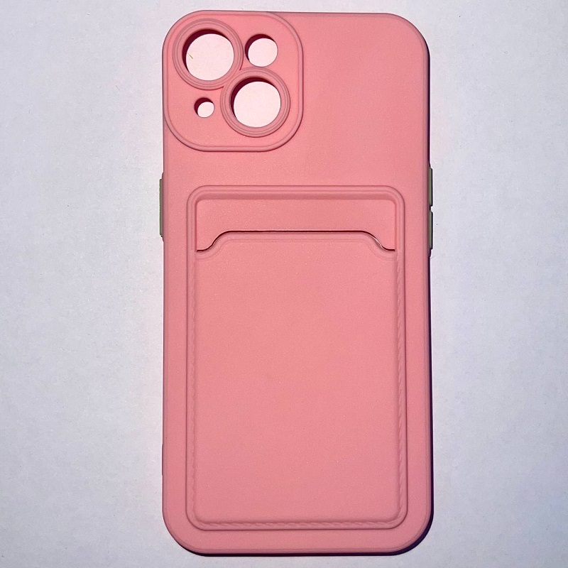 Силиконовый чехол BUTTON для iPhone 14 (Розовый) с карманом для пластиковых карт