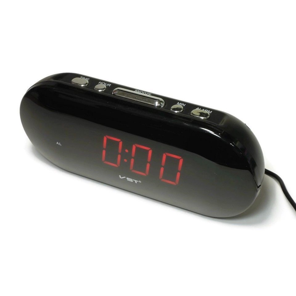Часы настольные VST 715-1 чёрные, с красной подсветкой (будильник, питание от сети)