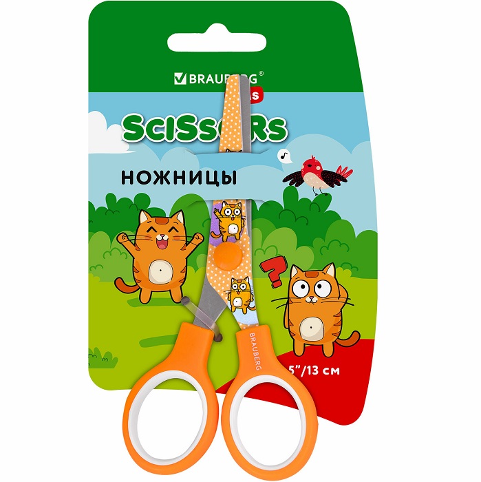 Ножницы BRAUBERG KIDS 130 мм оранжевые "Котики" 238351