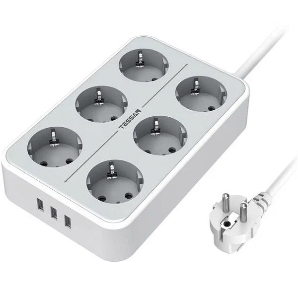 Сетевой фильтр  2.0м TESSAN TS-303 Grey, 6 розеток, 3USB