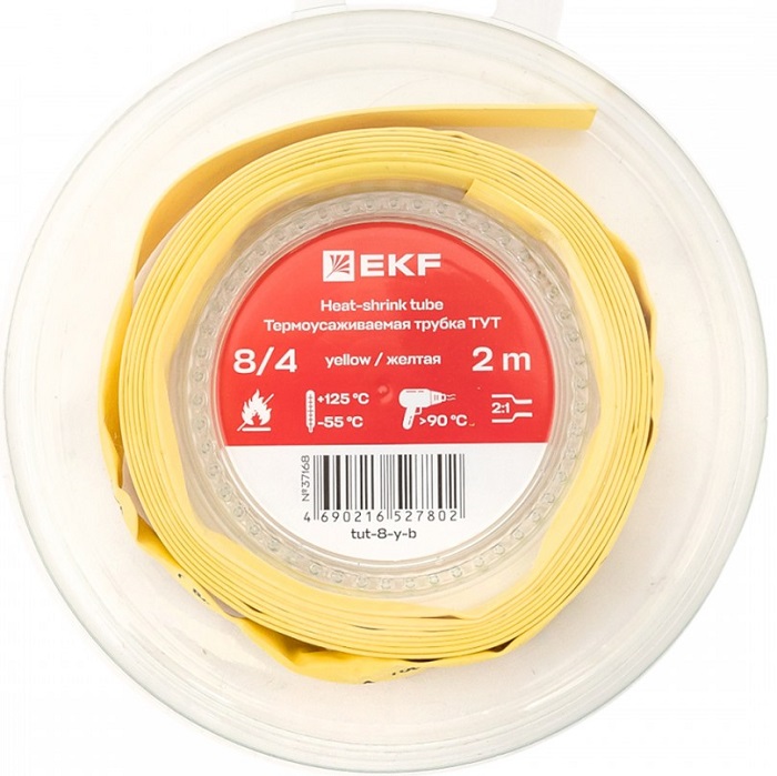 Термоусаживаемая трубка ТУТ нг 8/4 желтая ролик 2 м EKF