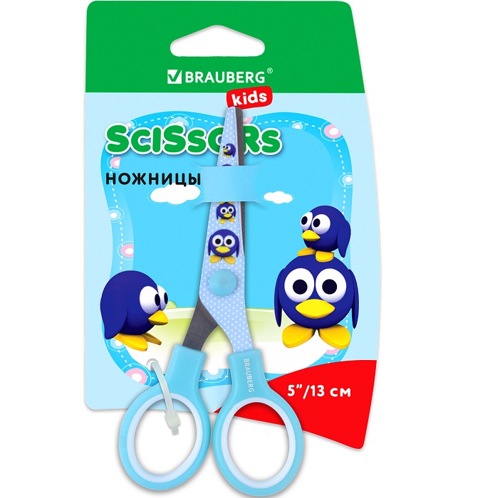 Ножницы BRAUBERG KIDS 130 мм "Пингвины", голубые