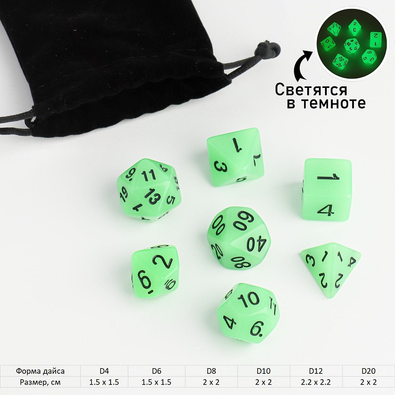 Кости игральные, дайсы для D&D  "Сияние", 7 шт, светящиеся 6935242