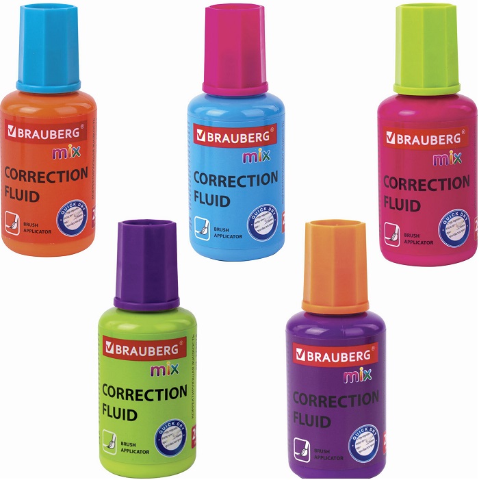 Корректирующая жидкость BRAUBERG MIX, быстросохнущая, 20 мл, с кисточкой, ассорти, 229074