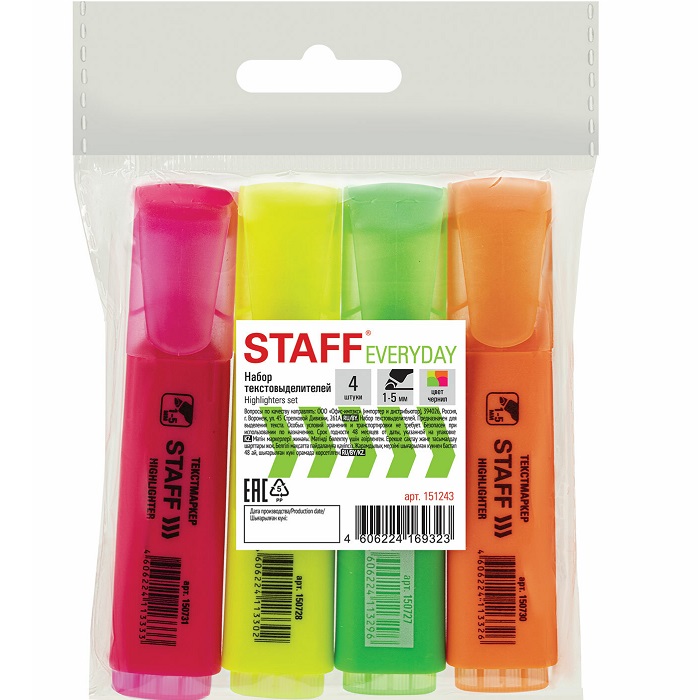 Набор текстовыделителей STAFF EVERYDAY HL-243, 4 шт., АССОРТИ, линия 1-5 мм, 151243