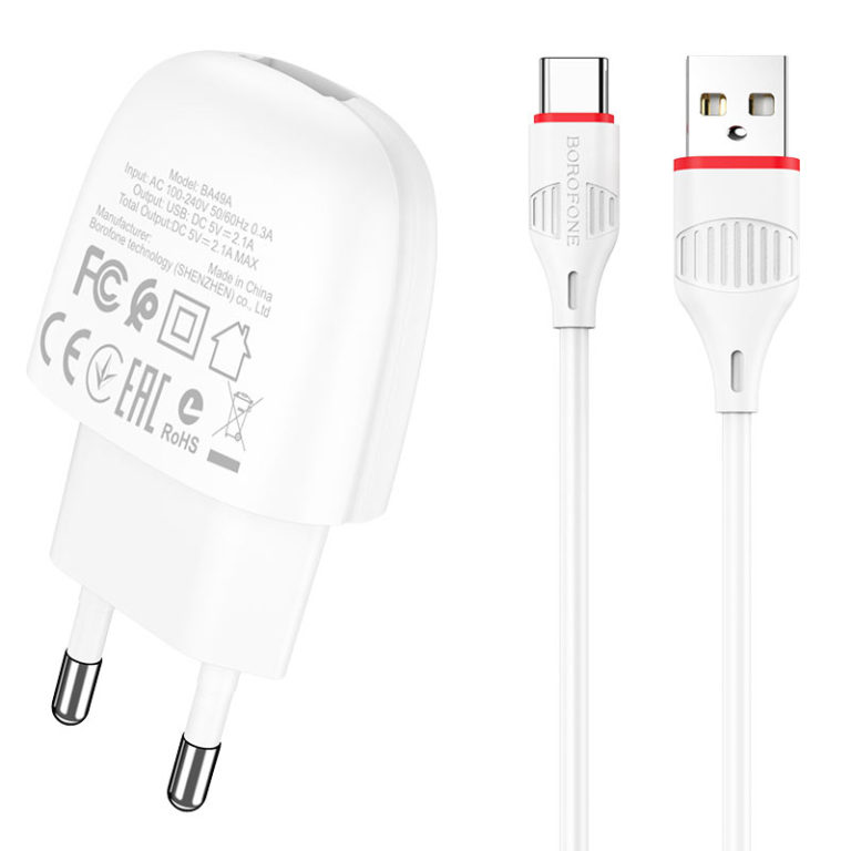 Сетевое ЗУ 1USB 2.1A BOROFONE BA20A, Sharp, Type-C, белый