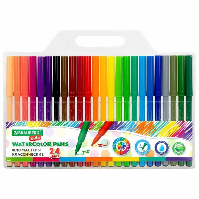 Фломастеры BRAUBERG KIDS КЛАССИЧЕСКИЕ 24 цвета, вентилируемый колпачок, ПВХ-упаковка, 152602