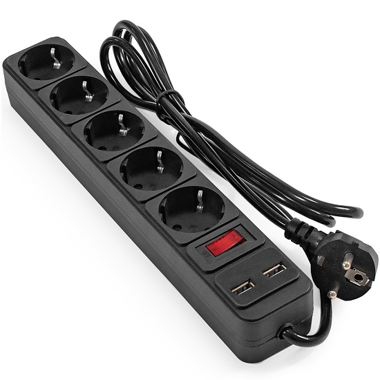Сетевой фильтр 1.8м EXEGATE SP-5-USB-1.8B, черный, 5 евророзеток, с/з, 2 USB-A 2A