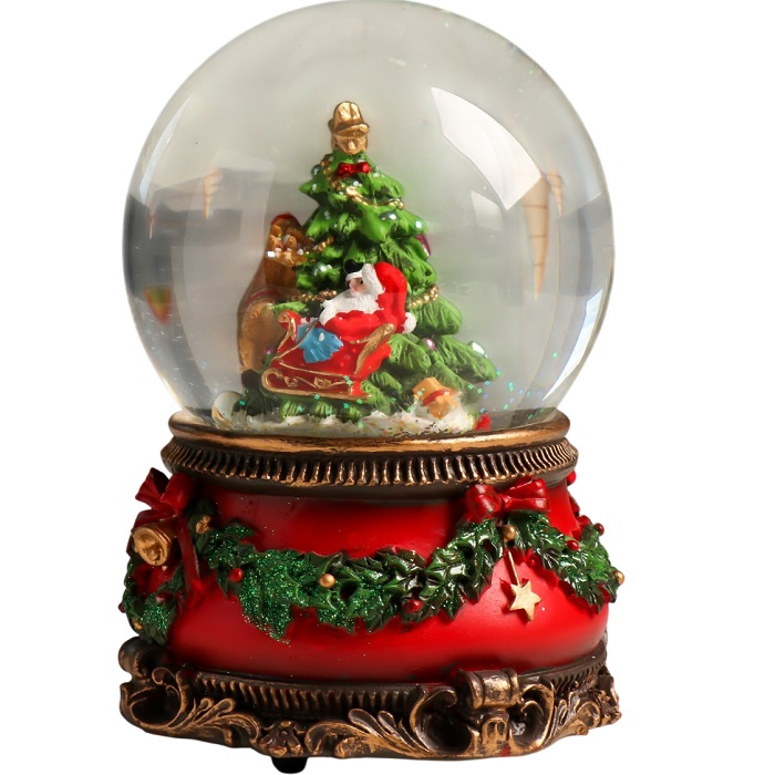 Снежный шар новогодний стеклянный «Дед Мороз и волшебные сани», музыкальный 11.5×11.5×14 см