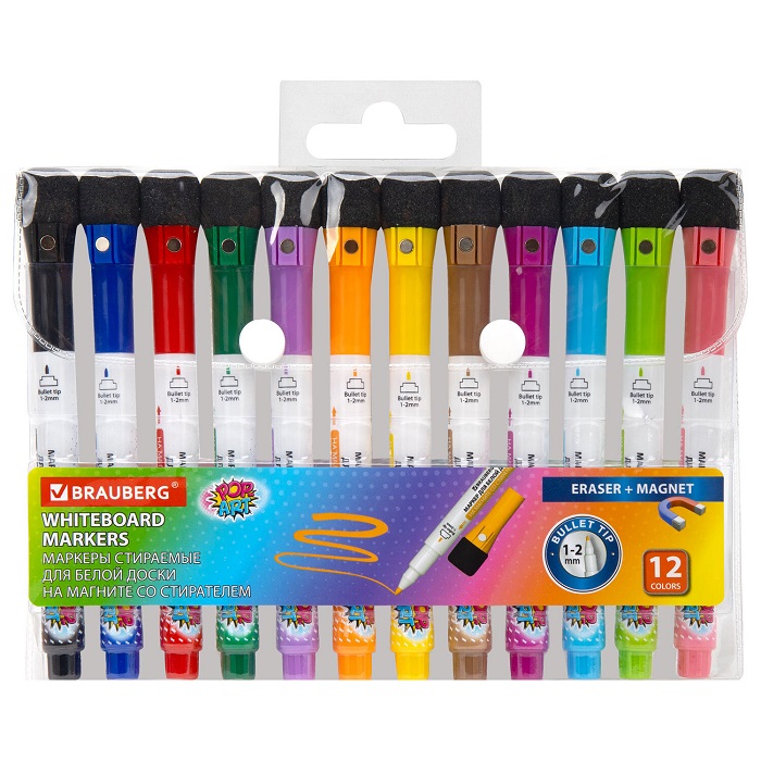 Маркеры на магните со стирателем для белой доски, 12 ЦВЕТОВ, BRAUBERG POP-ART, 1-2 мм, 152568