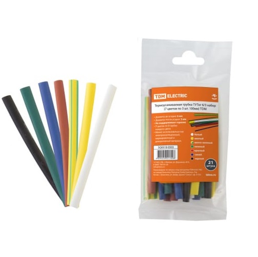 Термоусаживаемая трубка набор TDM ТУТнг 6/3, 7 цветов по 3 шт. 10см