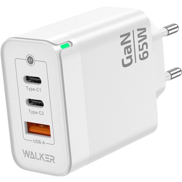 Сетевое ЗУ 1USB/2Type-C WALKER WH-45 GaN, белое 65Вт, QC 3.0+PD