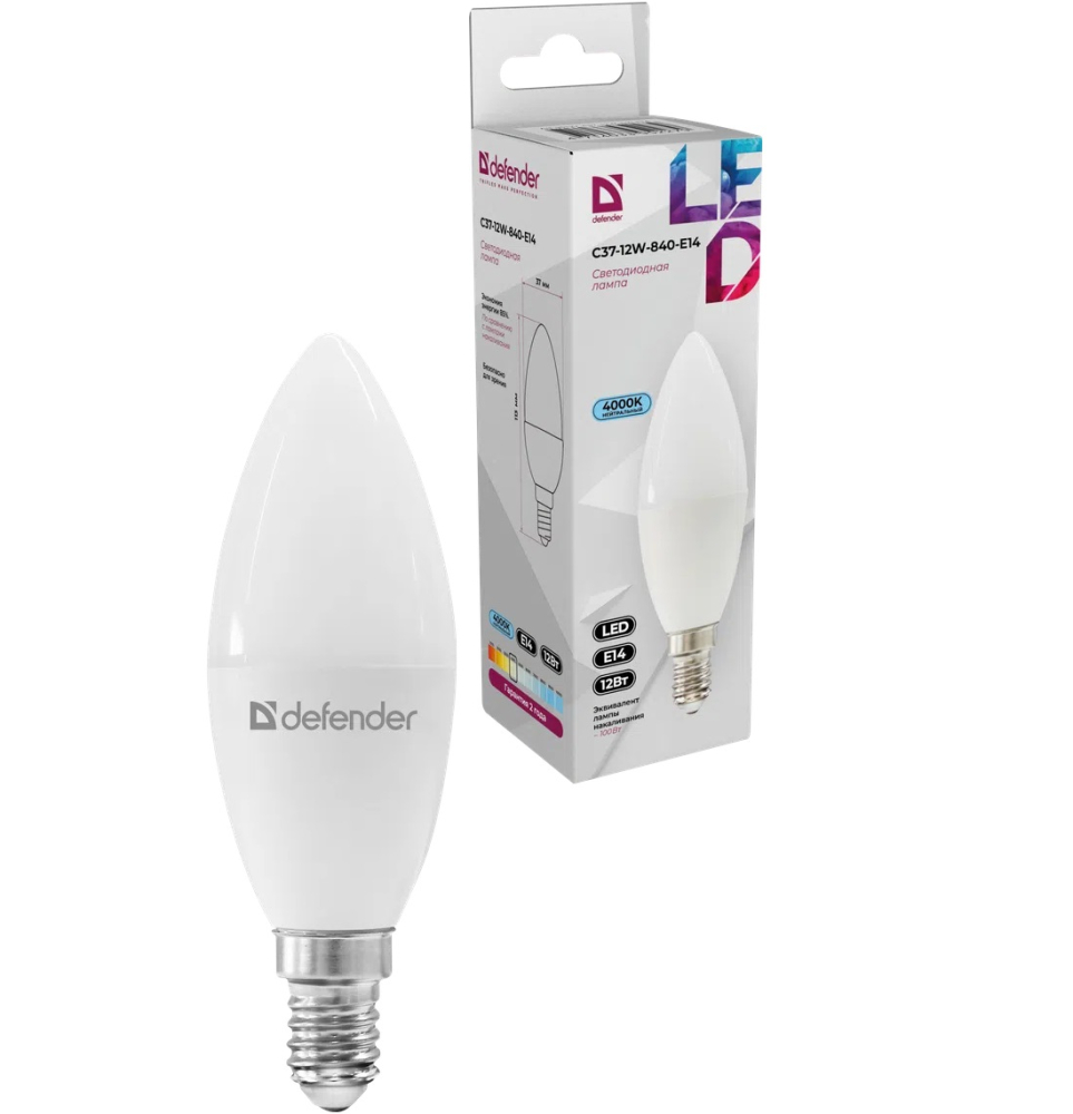 Лампа светодиодная DEFENDER C37 12W/840/E14 свеча, нейтральный белый