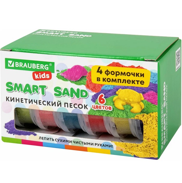Песок для лепки кинетический BRAUBERG KIDS, 6 цветов, 720 г, 4 формочки