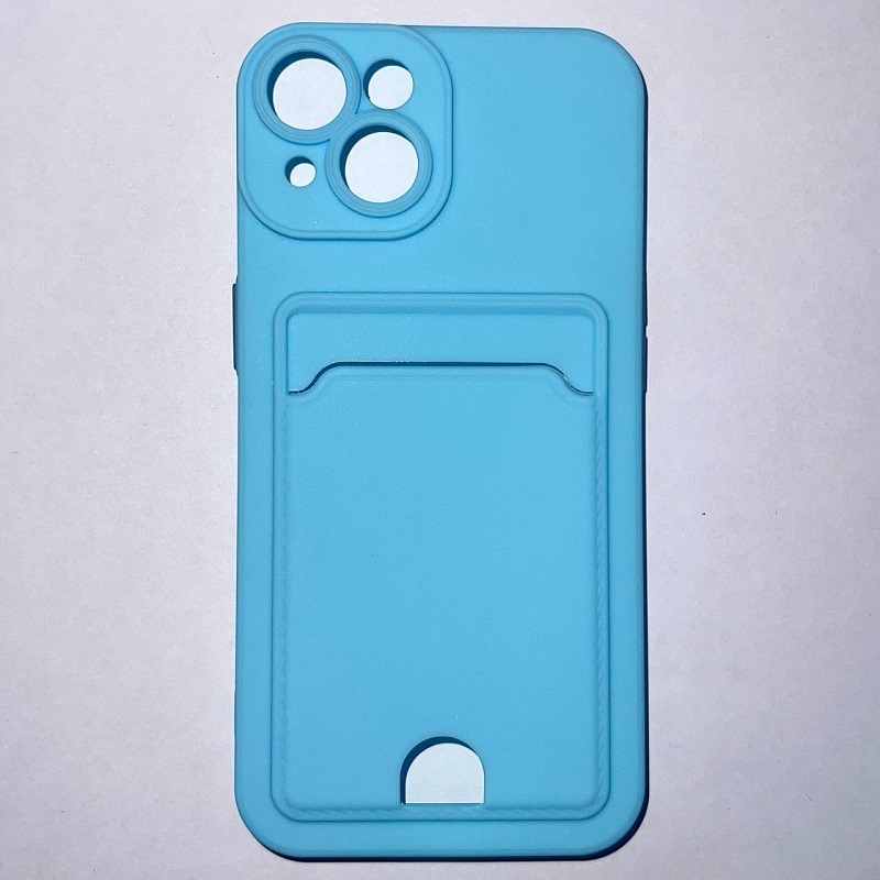 Силиконовый чехол BUTTON для iPhone 14, голубой , с карманом для пластик карт