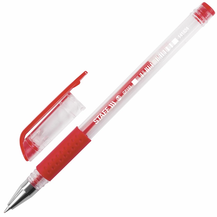 Ручка гел. красная эконом, корпус прозрачный, резиновый держатель STAFF