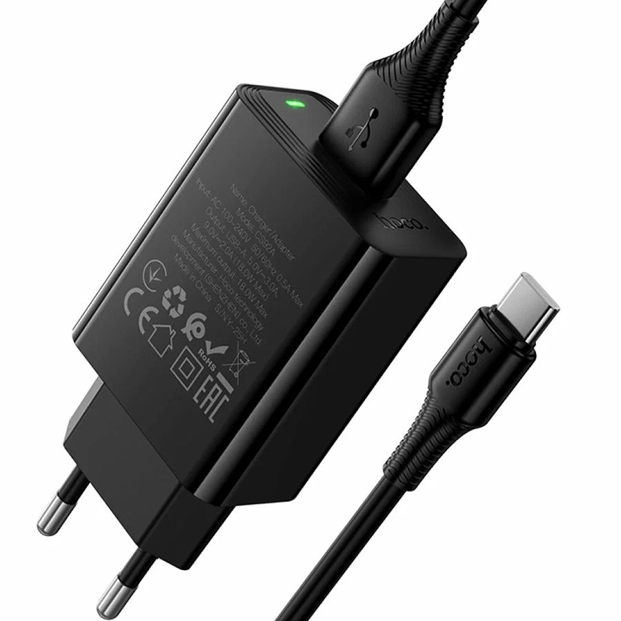 Сетевое ЗУ 1USB 3.0A HOCO CS92A, чёрный, кабель USB-C - Type-C, 18Вт