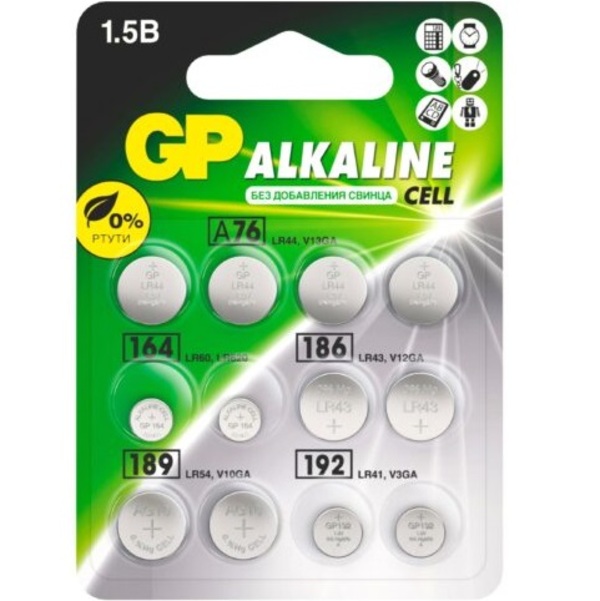 Набор элементов питания GP A76, 164, 186, 189, 192/LR64, LR621, LR43, LR54, LR41 (ACM01-CR12) 12шт