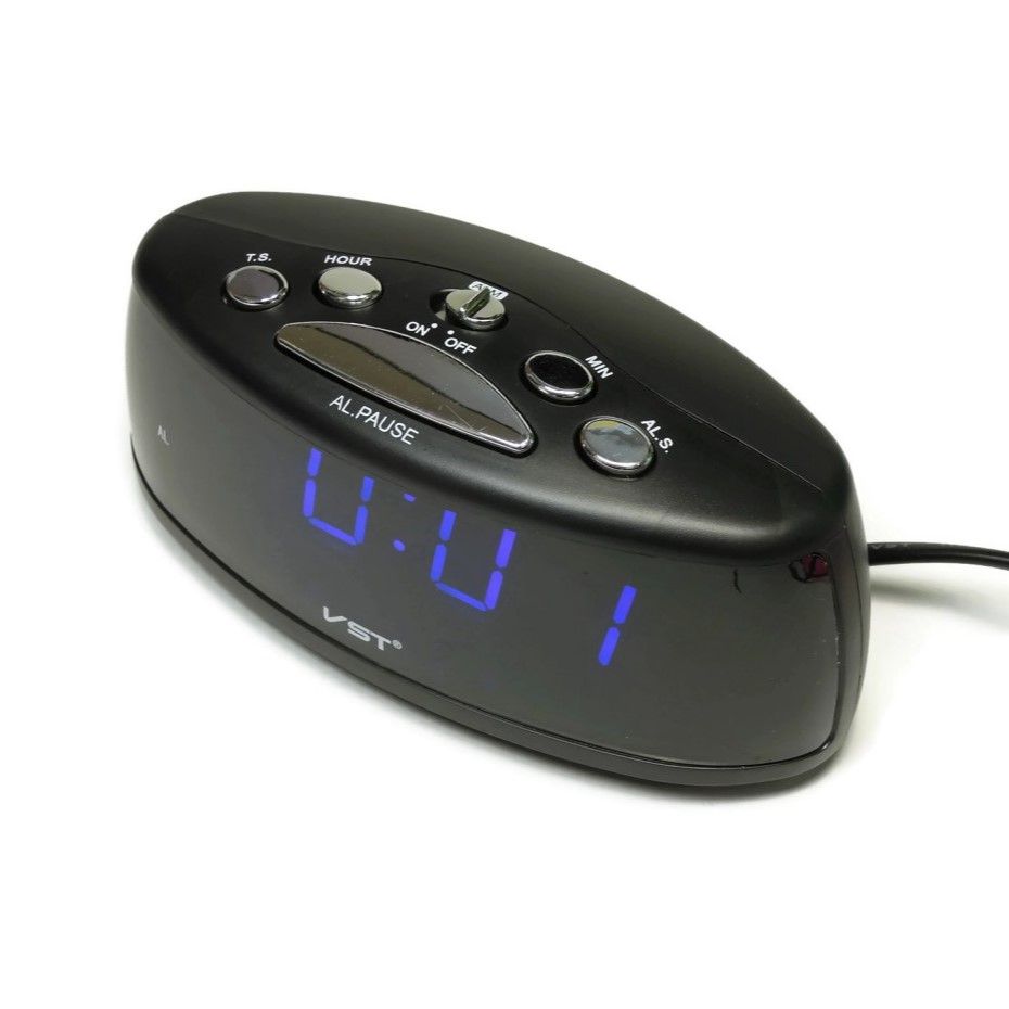 Часы настольные VST 773-5 чёрный, с синей подсветкой (будильник, питание от сети)