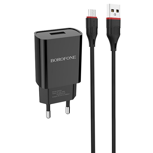 Сетевое ЗУ 1USB 2.1A BOROFONE BA20A, Sharp microUSB чёрный