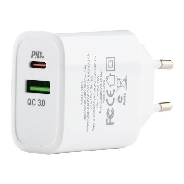 Сетевое ЗУ USB-A/Type-C 3А, 18Вт XO-L64, QC 3.0+PD, белое