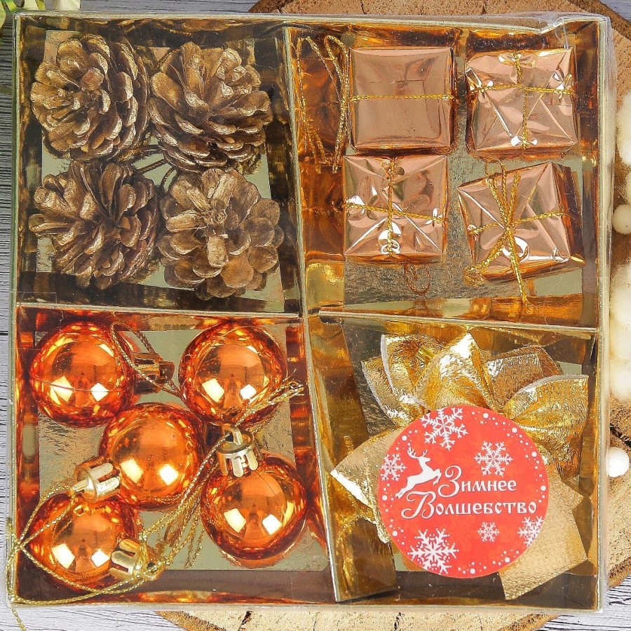 Набор украшений пластик 17 шт "Сюрприз" (4 шишки,4 подарка,4 бантика,5 шариков) 2371227