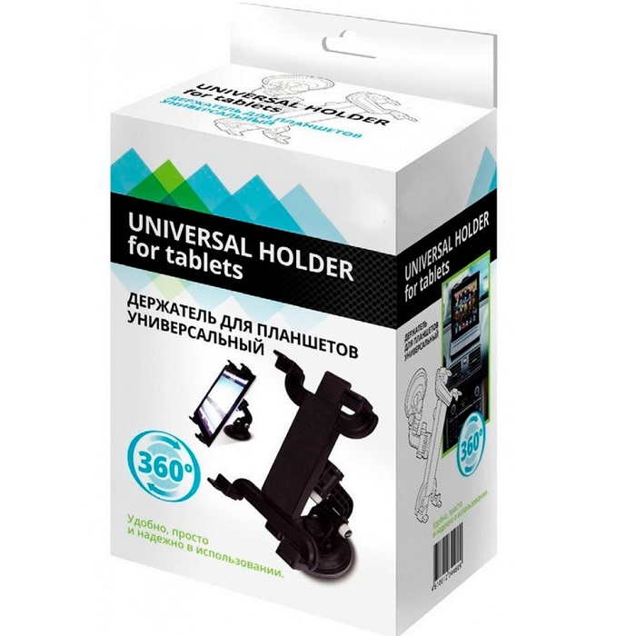 Автомобильный держатель 13-25см для планшетов универсальный на присоске, черный, поворот 360°