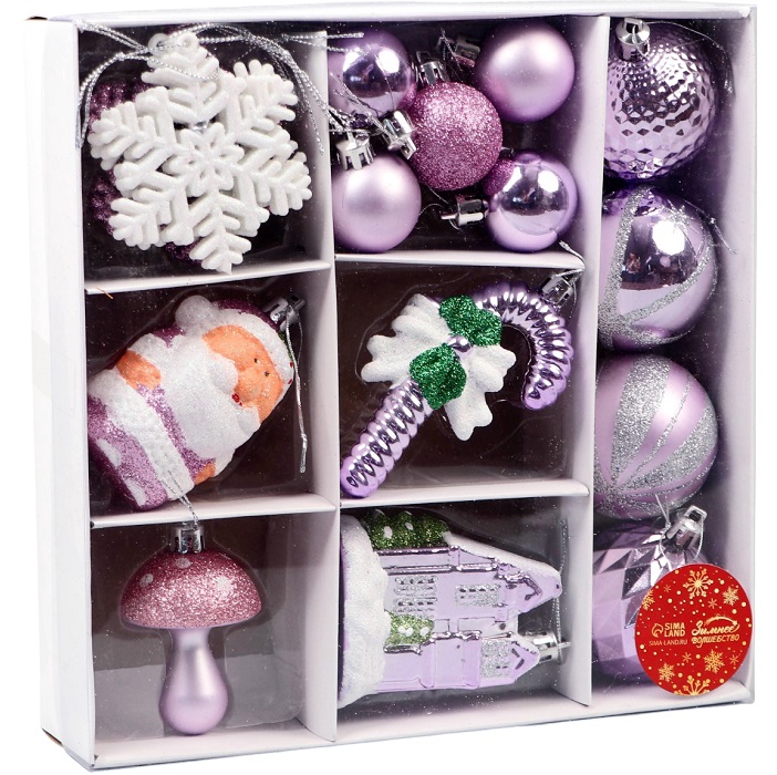 Ёлочные игрушки «Праздничный», новогодние, набор 20 шт., сиреневый/белый