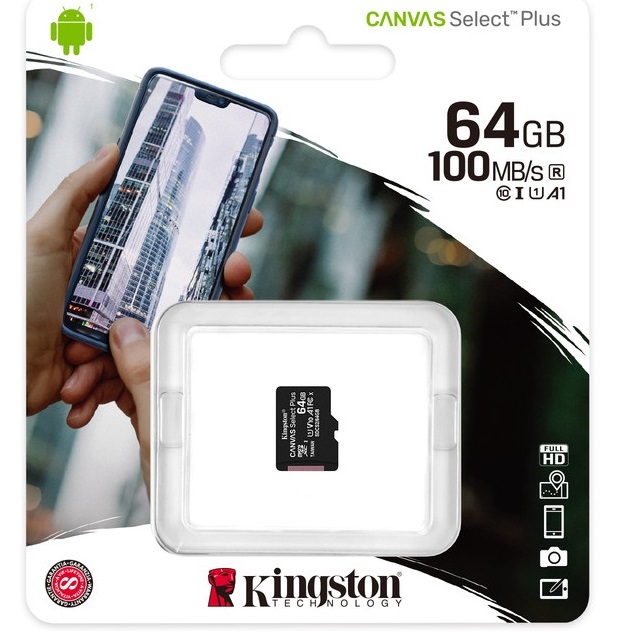 Micro SD 64Gb Kingston Class 10 Canvas Select Plus A1 U1 V10  (100 Mb/s) без адаптера