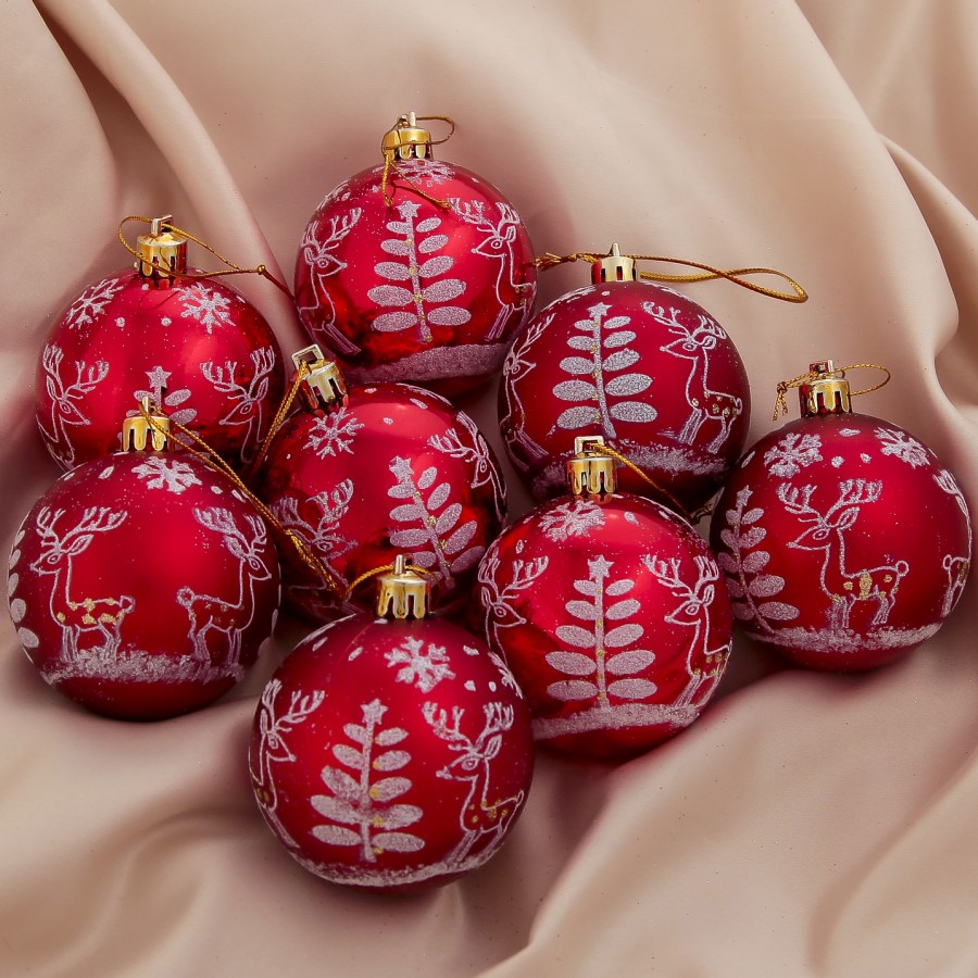 Набор шаров пластик d-6 см, 8 шт "Оленёнок у ёлочки" красный 1332596