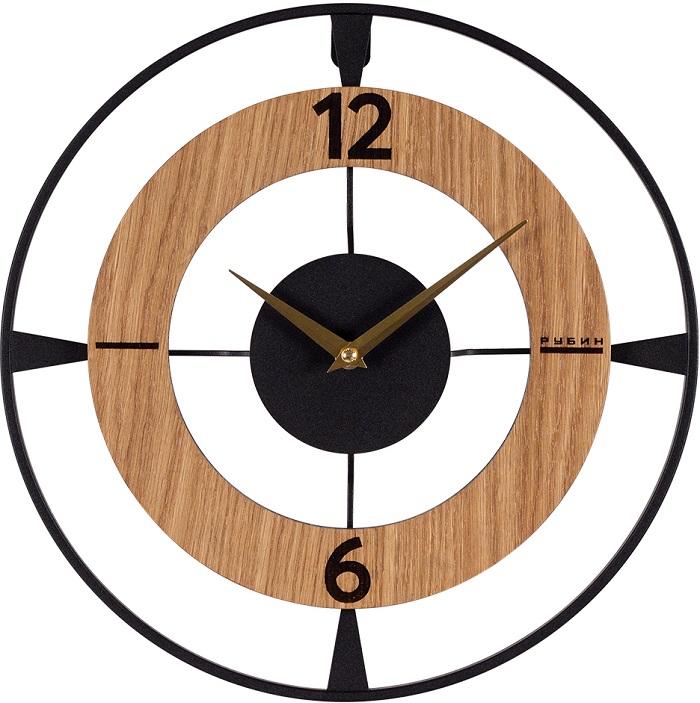 Часы настенные РУБИН "Классика" из металла, d=35 см, открытая стрелка, черный+дерево (3509-001)