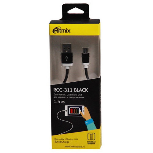 Кабель USB <--> microUSB  1.5м RITMIX RCC-311 черный, тканевая оплетка