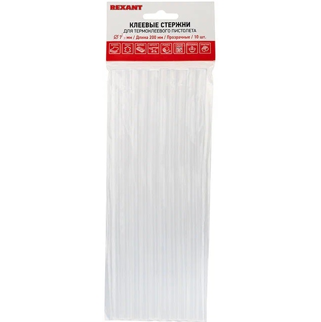 Клеевые стержни REXANT, Ø7 мм, 200 мм, прозрачные, 10 шт., хедер (10/100)